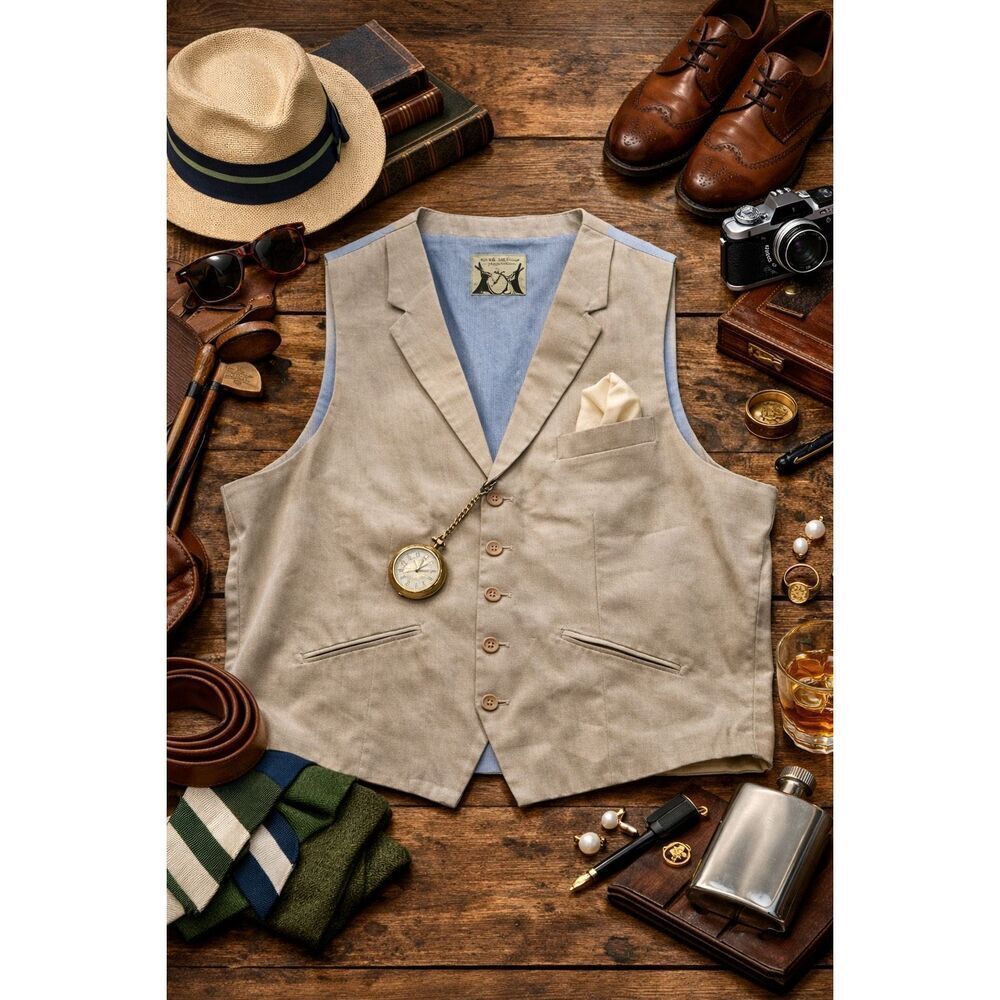 NWT Peter Christian Mens Beige Notched Lapel Cotton Waistcoat Vest Size 54